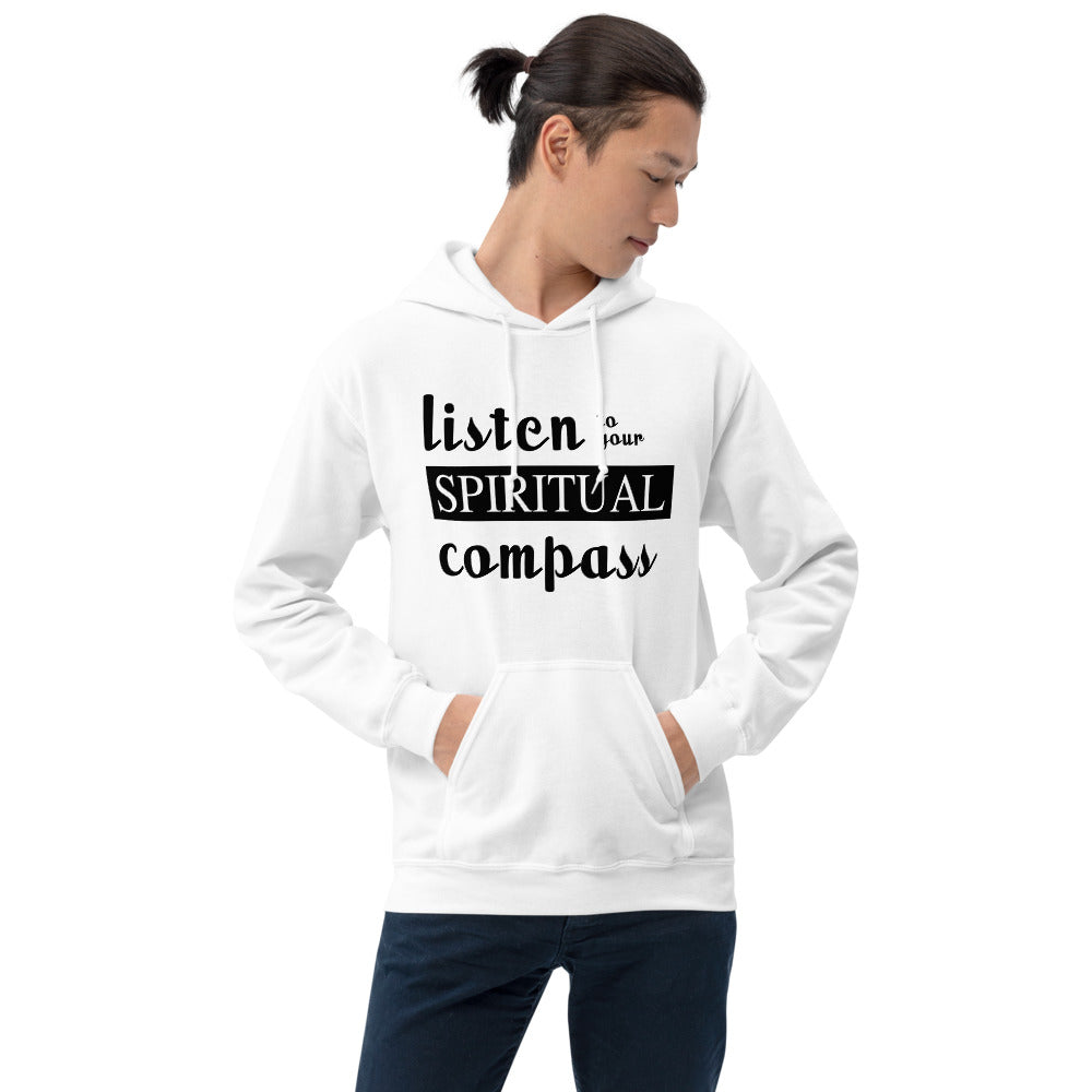 Listen To Your Spiritual Compass Printed Men White Hooded Sweatshirt