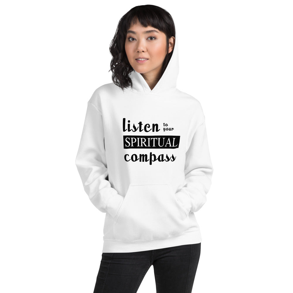 Listen To Your Spiritual Compass Printed Women White Hooded Sweatshirt