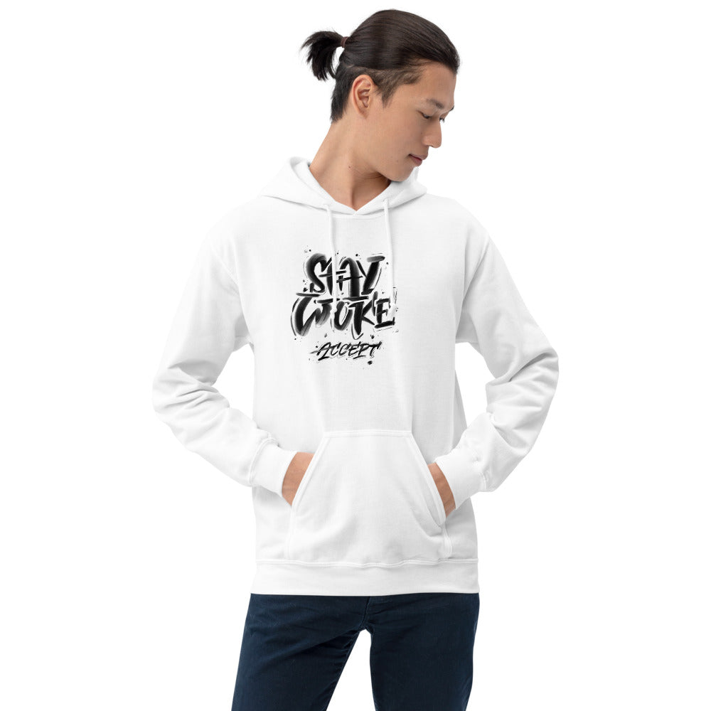 Stay Woke Accept Printed Men White Hooded Sweatshirt