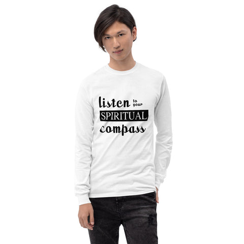 Listen To Your Spiritual Compass Printed Men White Long Sleeve T-Shirt
