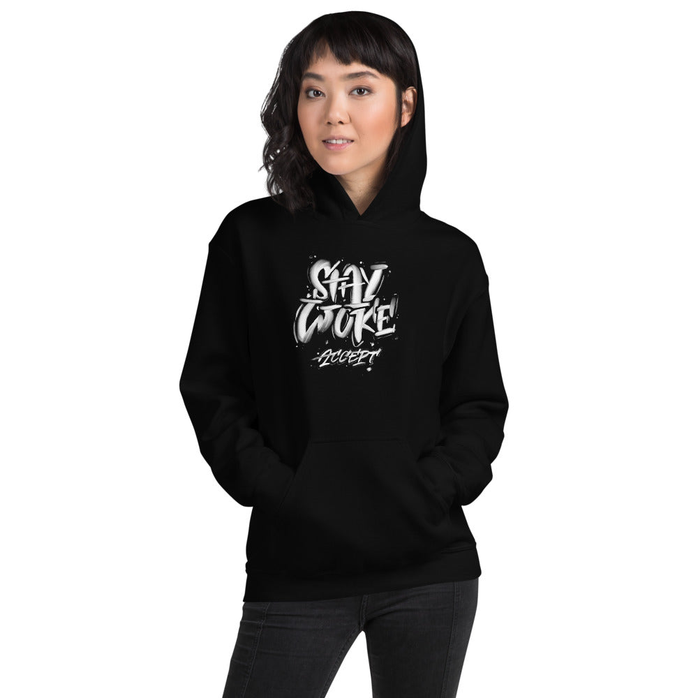 Stay Woke Accept Printed Women Black Hooded Sweatshirt