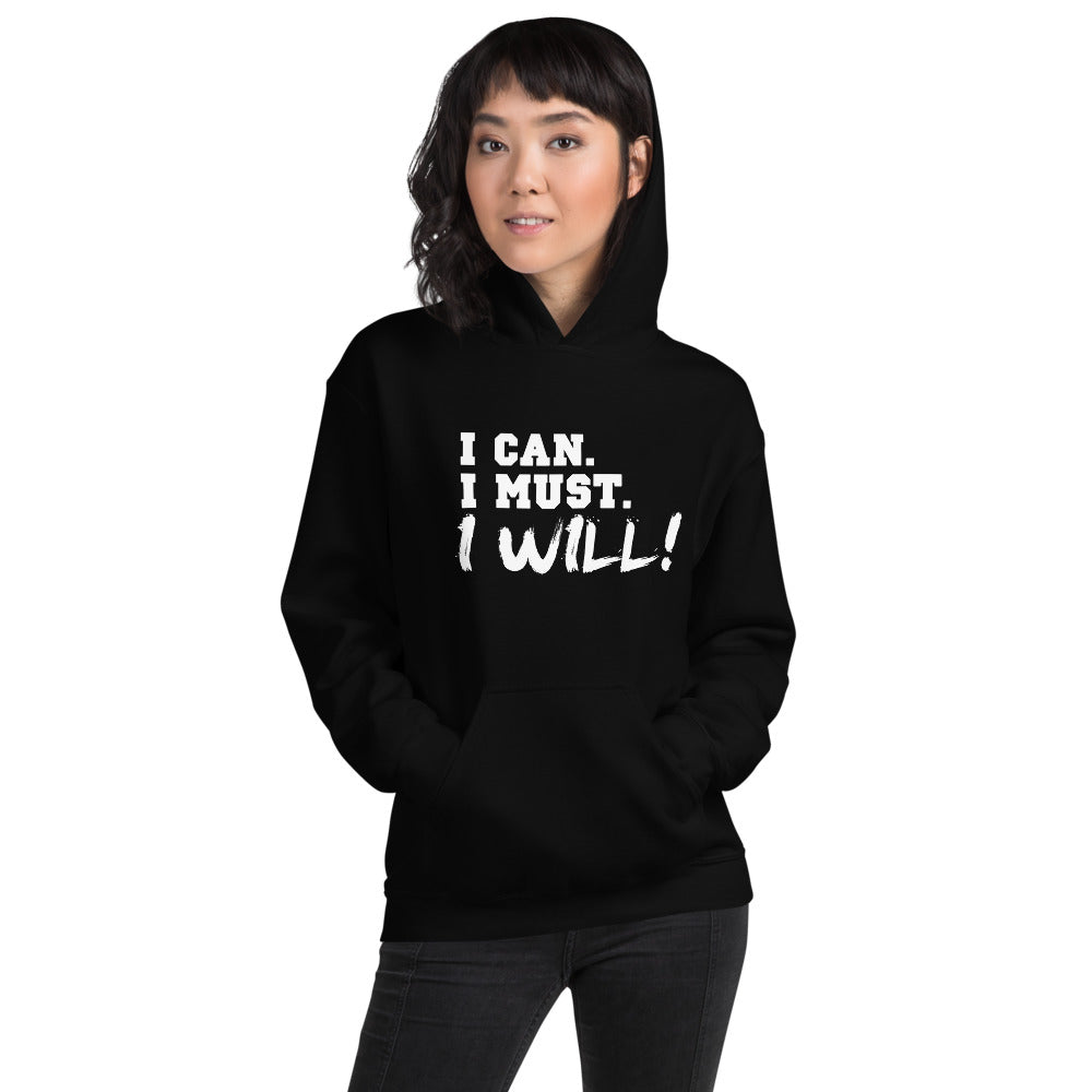 I can I must I will Printed Women Black Hooded Sweatshirt
